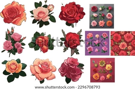 Flower icon. Set of decorative garden rose with bud and leaves silhouette isolated on white. Vector stock illustration.