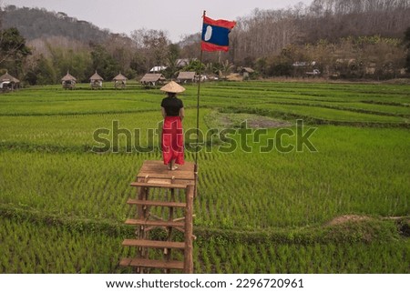 Female stands on the wooden bridge over green rice field. Laos flag on the pole over her head. She is wearing asian style conical hat and a red skirt.