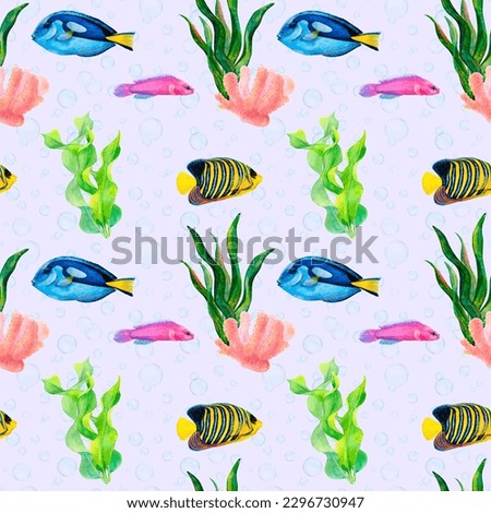 Watercolor drawing rapport of ribbon algae, butterfly fish, surgeon fish, Friedman fish and coral on blue background with air bubbles. Naturally curved underwater picture for stickers, prints, pattern