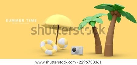 Marketing banner for online travel purchase in 3d realistic style with umbrella, lifebuoy, palm tree ,camera and  bitch ball. Vector illustration Royalty-Free Stock Photo #2296733361