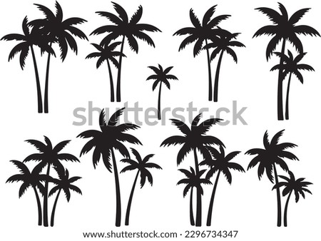 Black palms tree set vector images illustration on white background silhouette icon sheet Royalty-Free Stock Photo #2296734347