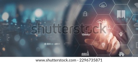 Smart city concept. Utilizing digital infrastructure to create efficient and sustainable solutions for transportation, energy, waste management, communication, other servicee by using data analytics. Royalty-Free Stock Photo #2296735871