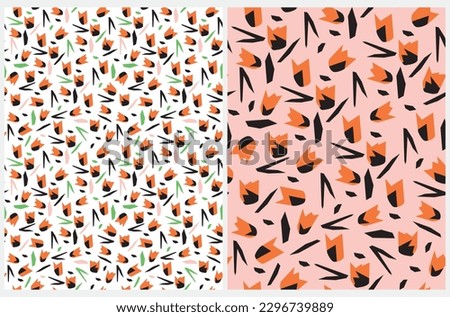Simple Hand Drawn Floral Seamless Vector Patterns. Tulip Flowers and Leaves Isolated on a Light Pink and White Backgrounds. Infantile Style Abstract Garden Design. Naive Floral Repeatable Print.