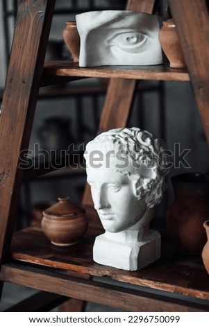 Art objects for exhibition of classical and contemporary painting retro sculpture and pottery. Hand illustrations plaster bust statues and abstract shapes spots and lines drawings for poster