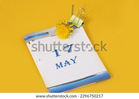 Calendar for May 17: desk calendar with yellow dandelion, number 17, name of the month May in English
Walk with Mary.