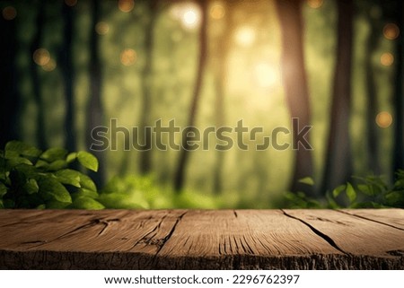 Beautiful blurred boreal forest background view with empty rustic wooden table for mockup product display. Picnic table with customizable space on table-top for editing. Flawless Royalty-Free Stock Photo #2296762397