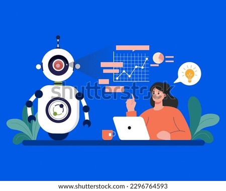 Business women and robot with computer laptop sitting together in workplace, concept of artificial intelligence-Machine learning.