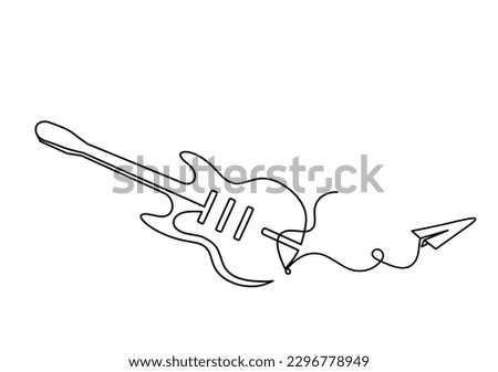 Abstract guitar with paper plane as continuous lines drawing on white background. Vector