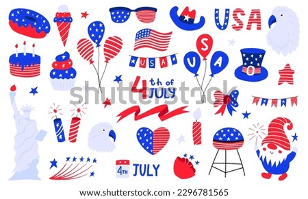 Set of USA national symbols for independence day. 4th July clip art. Top hat, balloons, star, gnome, eagle, american flag, statue of liberty. Vector illustrations isolated on white background