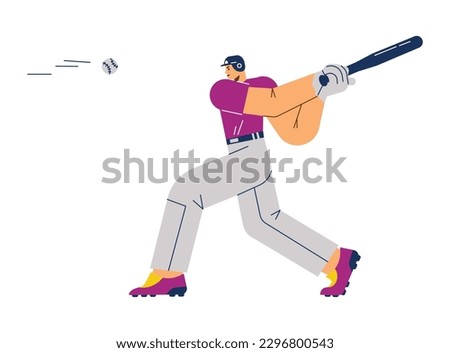 Confident smiling baseball player with bat flat style, vector illustration isolated on white background. Flying ball, American sport game, young man, decorative design element