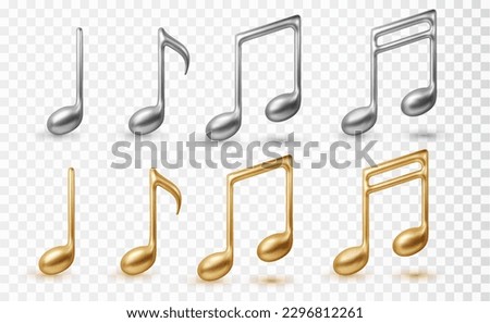 Gold and silver music notes 3d icon set. Realistic vector illustration isolated on ransparent background.