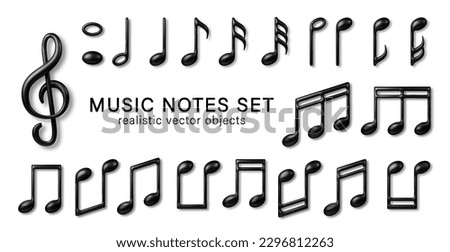 3d Music notes symbols black color set. Vector realistic icon collection of classic music simbol