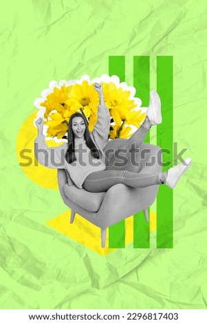 Poster banner collage of cheerful lady sit comfy chair overcome menstruation pain floral natural vitamins on 8 march celebration