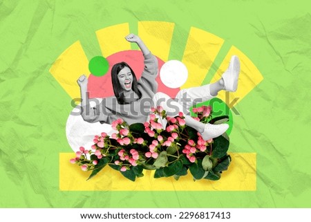 Photo collage cartoon comics sketch picture of funky lady rising fists falling flowerbed isolated creative background