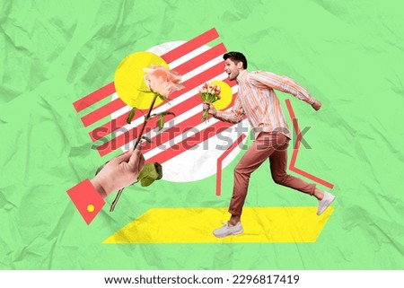 Creative greetings collage of young man hurry run bouquet fresh tulips present for first meeting girlfriend isolated on green background