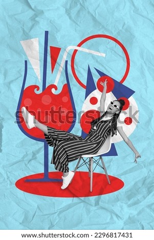 Collage 3d pinup pop retro sketch image of smiling funky lady sitting bar enjoying cocktail isolated painting background