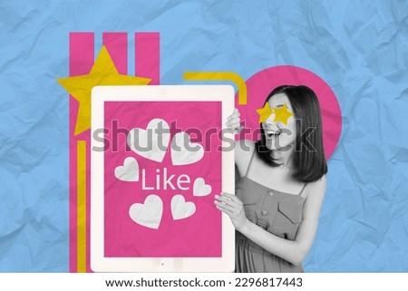 Creative collage image of amazed black white effect mini girl big tablet display receive like notification isolated on blue background