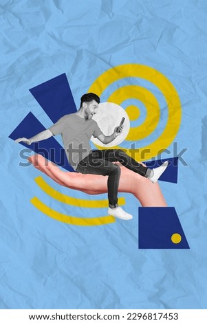 Creative retro 3d magazine collage image of smiling excited guy chatting instagram twitter telegram facebook isolated blue background Royalty-Free Stock Photo #2296817453
