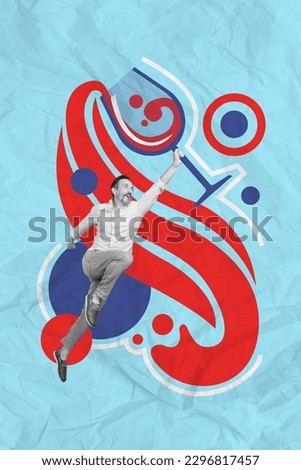 Vertical collage picture of black white effect mini man jumping arm hold huge wine glass isolated on blue paper background