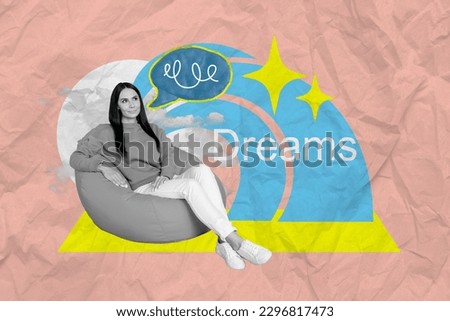 Poster banner image drawing collage of young lady relax in bean chair thinking dreaming plans for future believe in herself success