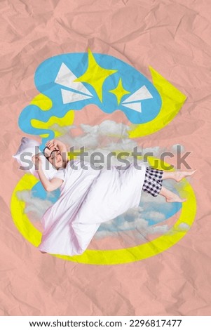 Vertical collage picture of sleeping peaceful girl blanket pillow flying clouds sky isolated on creative drawing background