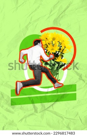 Vertical collage picture of mini black white gamma guy running huge daisy fresh flowers isolated on painted green background