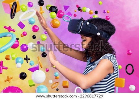 Exclusive colorful magazine picture sketch collage image of excited lady watching 3d simulation isolated painting background