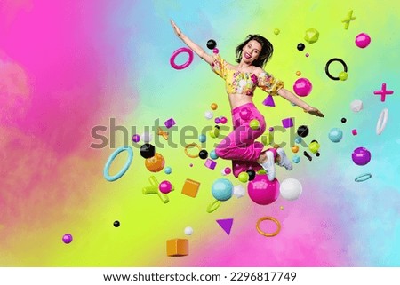 Artwork colorful magazine collage picture of smiling lady jumping having fun vivid blotch isolated drawing background