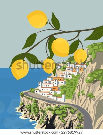 Vector illustration. Amalfi, Italy. Travel poster. Design for posters, banners, advertisements, postcards. Royalty-Free Stock Photo #2296819929