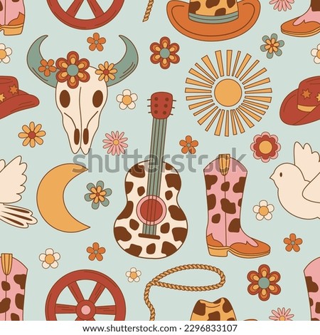 seamless pattern with guitar, cow skull, boot, cowboy hat