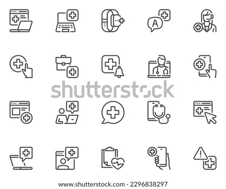 Online telemedicine. Medical video consultation. Remote health diagnosis. Online communication with the patient. Vector Line Icons Set. Editable Stroke. Pixel Perfect. Royalty-Free Stock Photo #2296838297