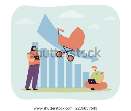People with population decrease chart vector illustration. Drawing of baby carriage doing down as symbol of birth or fertility reduction in Europe. Demographic crisis, fertility, population concept Royalty-Free Stock Photo #2296839643