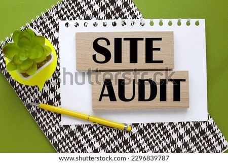 Site audit - two wooden blocks with text on a colorful notepad on a green background