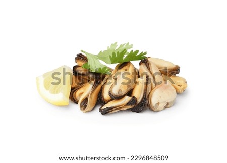 Pickled mussels with lemon and parsley on white background