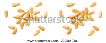 Roasted pine nuts isolated on the white background, top view. Royalty-Free Stock Photo #2296860381