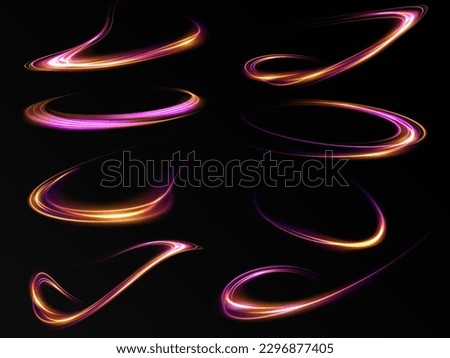 Abstract light lines of movement and speed in gold and pink. Light everyday glowing effect. semicircular wave, light trail curve swirl, optical fiber incandescent png.
 Royalty-Free Stock Photo #2296877405