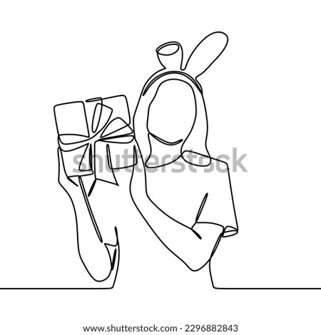 continuous line drawing of woman holding gift box with gift ribbon bow