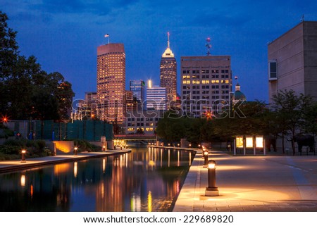 View of Indianapolis skyline from the Canal at night