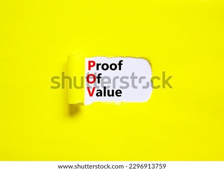 POV Proof of value symbol. Concept words POV Proof of value on beautiful white paper. Beautiful yellow table yellow background. Business and POV Proof of value concept. Copy space.