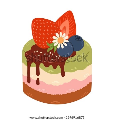 Cartoon drawing of a cake with a strawberry and blueberries on it. Cute strawberry dessert flat vector. Delicious sweet dessert with strawberry flavor for Valentine day. Vector illustration
