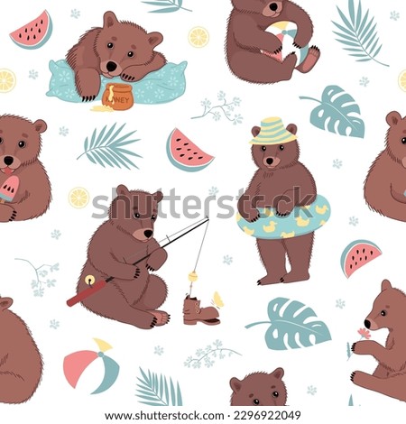 The bears are on vacation at sea. Summer seamless pattern with cute little bears with flowers, fruits, and leaves. Hand-drawn colorful flat vector illustration.