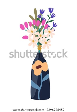 Gorgeous blooming flowers in vase isolated on white background. Wildflowers bouquet, decorative floral design element for cards, wall arts. Cartoon colorful vector illustration. Digital sticker