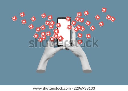 Female hands hold mobile phone with white blank screen with like symbols from social networks isolated on blue color background. 3d trendy collage in magazine style. Contemporary art. Modern design Royalty-Free Stock Photo #2296938133