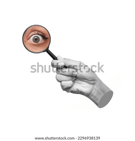 Surprised young woman's eye enlarged with magnifying glass isolated on a white background. 3d trendy collage in magazine style. 3d contemporary art. Modern design