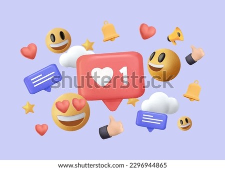 3D Social media platform, Social media 3d concept. Like, heart, thumbs up and smile emoji. 3D render SMM online communication isolated on blue background Royalty-Free Stock Photo #2296944865