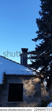 Snow, village, moon, chimney view