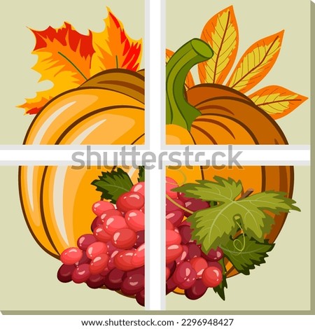 Color illustration for tiles.Vector decor with pumpkin, grapes and autumn leaves for tiles.