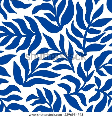 Blue Matisse plants seamless pattern. Minimal abstract floral tropical repeat print. Freehand doodle collage. Organic leaves background, simple nature shapes Summer botanical vector wallpaper.