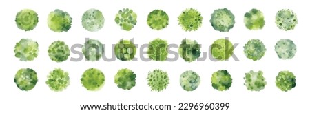Various green trees, bushes and shrubs, top view for landscape design plan. Vector watercolor illustration, isolated on white background. Royalty-Free Stock Photo #2296960399