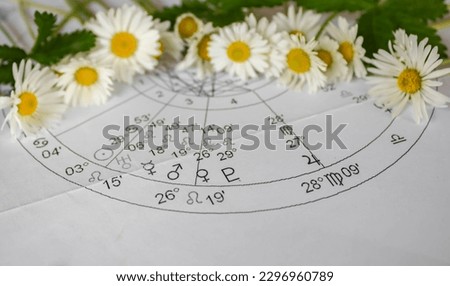 Printed astrology chart with planets Mars and Venus in Leo, white daisies in the background, spring concept